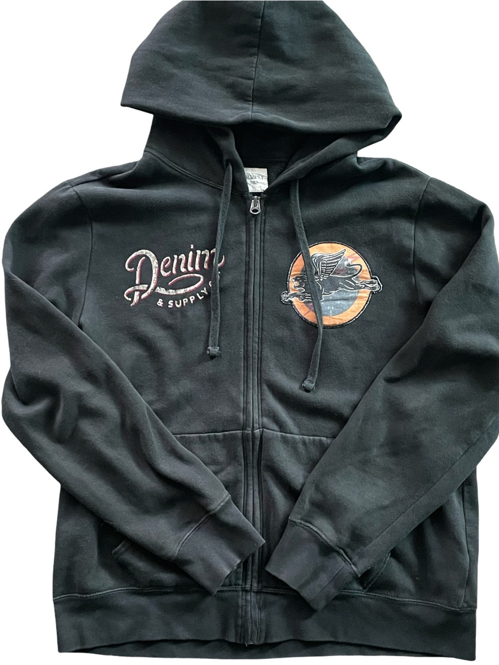 Denim & Supply Ralph Lauren Black Graphic Full Zip Hoodie Sweatshirt Men’s Large